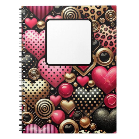 レッドピンクブラック金ゴールドバレンタインラブハート ノートブック (正面)