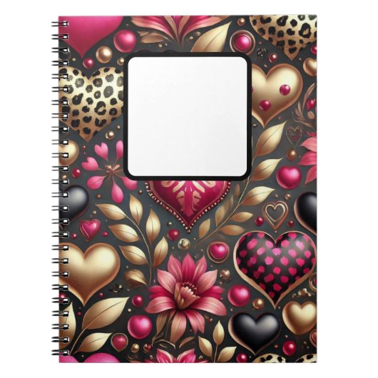 レッドピンクブラック金ゴールドバレンタインラブハート ノートブック (正面)