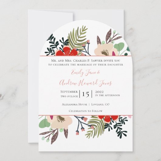 レッドピンクブルーグリーンフローラシダタイポグラフィ 招待状 (正面)