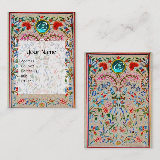 レッドピンクブルーフローラダマスクモノグラムクラフト 名刺 (正面/裏面)