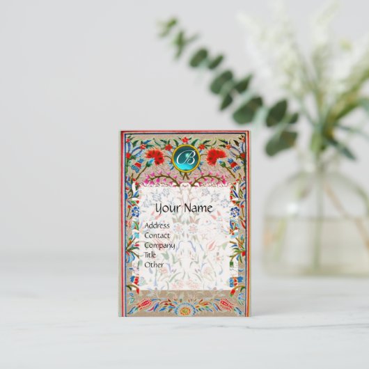 レッドピンクブルーフローラダマスクモノグラムクラフト 名刺 (スタンド正面)