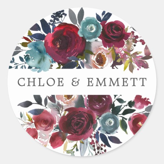 レッドピンクブルー結婚フローラ封筒用シール ラウンドシール (正面)
