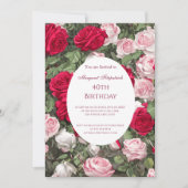 レッドピンクホワイトローズバースデーパーティー 招待状 (正面)