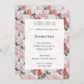 レッドピンクホワイトローズフローラ誕生日 招待状 (正面/裏面)