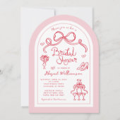 レッドピンクボーお洒落イラストレーションブライダルシャワー 招待状 (正面)