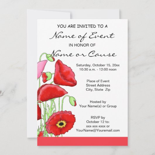 レッドピンクポピスフラワーズアートカスタム招待状 招待状 (裏面)