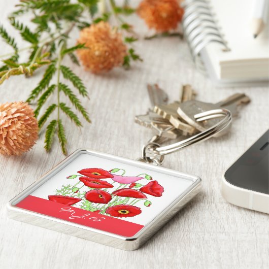 レッドピンクポピーズアートカスタムモノグラムパーソナライズされた キーホルダー (側面)