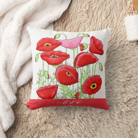 レッドピンクポピーズアートカスタムモノグラムパーソナライズされた クッション (ブランケット)