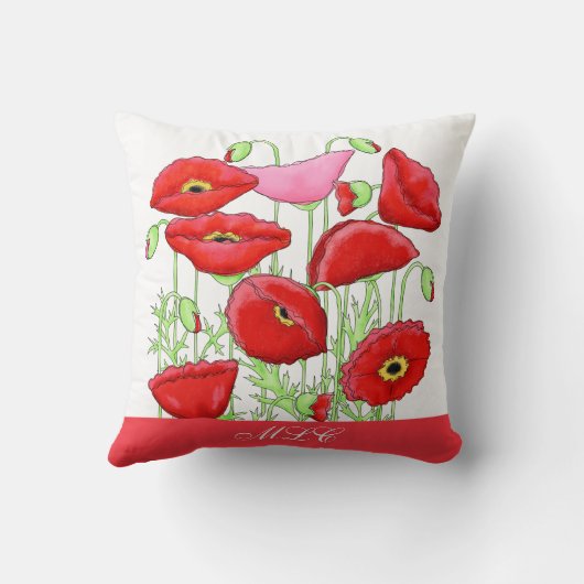 レッドピンクポピーズアートカスタムモノグラムパーソナライズされた クッション (裏面)