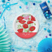 レッドピンクポピーズアートカスタムモノグラムパーソナライズされた ペーパープレート (パーティー)