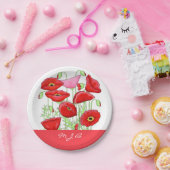 レッドピンクポピーズアートカスタムモノグラムパーソナライズされた ペーパープレート (パーティー)