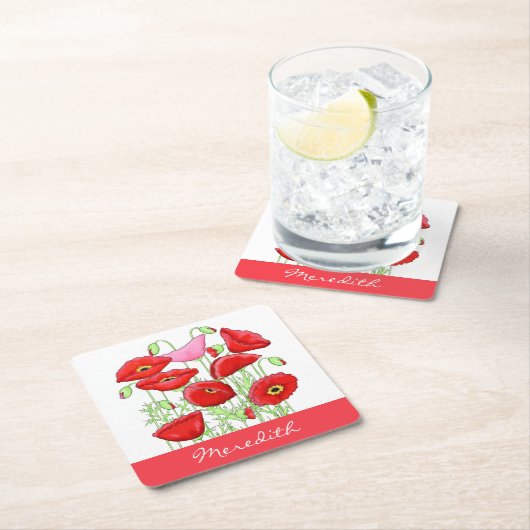 レッドピンクポピーズアート名前をカスタムする パーソナライズされた スクエアペーパーコースター (インサイチュ)