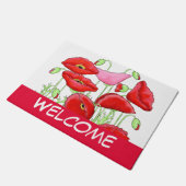 レッドピンクポピー美術装飾ホワイトウェルカム ドアマット (アングル)