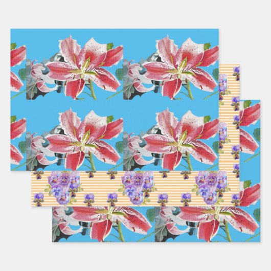 レッドピンクリリーブラワーフローラリリー水彩ブルー ラッピングペーパーシート (セット)