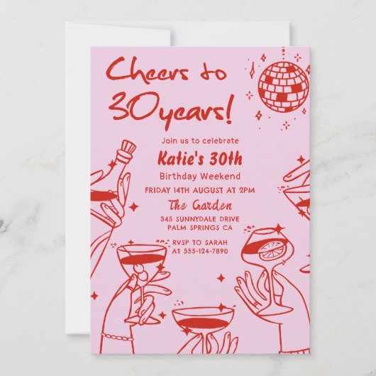 レッドピンクレトロハンドドローファンキード30歳の誕生日 招待状 (正面)