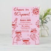 レッドピンクレトロハンドドローファンキード30歳の誕生日 招待状 (スタンド正面)