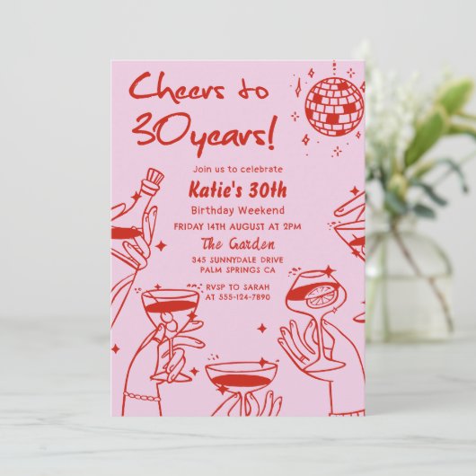 レッドピンクレトロハンドドローファンキード30歳の誕生日 招待状 (スタンド正面)