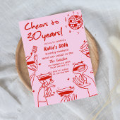 レッドピンクレトロハンドドローファンキード30歳の誕生日 招待状