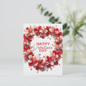 レッドピンクロマンチックフローラハートリースバレンタイン ポストカード (スタンド正面)