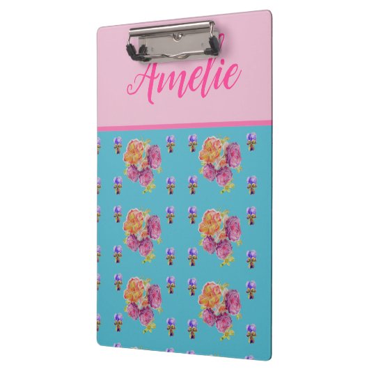 レッドピンクローズシャビーシックティール(緑がかった色)アクアフローラフラワー クリップボード (左)