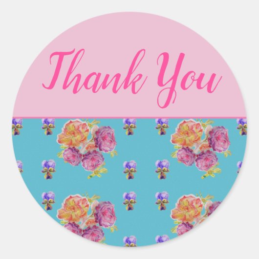 レッドピンクローズシャビーシックティール(緑がかった色)アクアフローラフラワー ラウンドシール (正面)