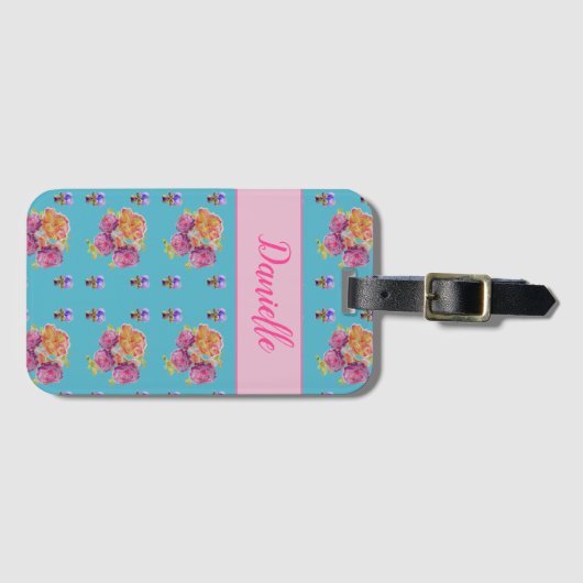 レッドピンクローズシャビーシックティール（緑がかった色）アクアフローラフラワー ラゲッジタグ (正面横)