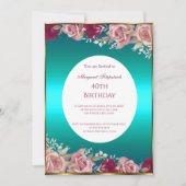 レッドピンクローズティール(緑がかった色)グリーンホワイトバースデーパーティー 招待状 (正面)