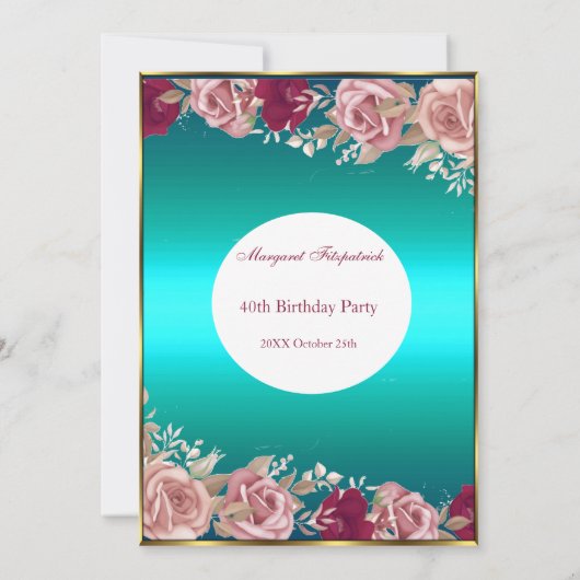 レッドピンクローズティール(緑がかった色)グリーンホワイトバースデーパーティー 招待状 (裏面)