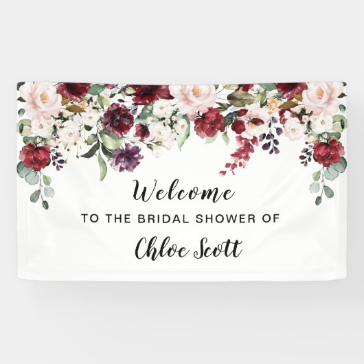 レッドピンクローズフローラブライダルシャワー歓迎 横断幕 (横)