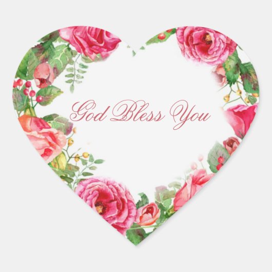 レッドピンクローズリース春の花グリーン葉ズ ハートシール (正面)