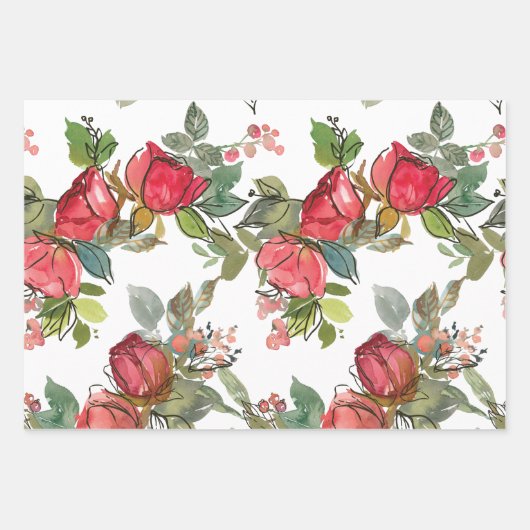 レッドピンクローゼズベリーグリーンリーウォーターフローラ ラッピングペーパーシート (正面)