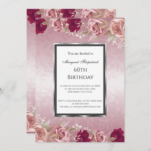 レッドピンクローゼピンク誕生日パーティー 招待状 (正面/裏面)