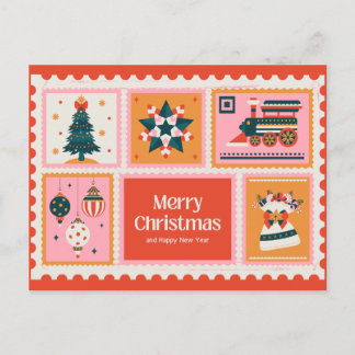レッドピンクヴィンテージ郵便切手メリークリスマスカー シーズンポストカード