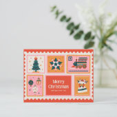 レッドピンクヴィンテージ郵便切手メリークリスマスカー シーズンポストカード (スタンド正面)