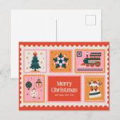 レッドピンクヴィンテージ郵便切手メリークリスマスカー シーズンポストカード (正面/裏面)