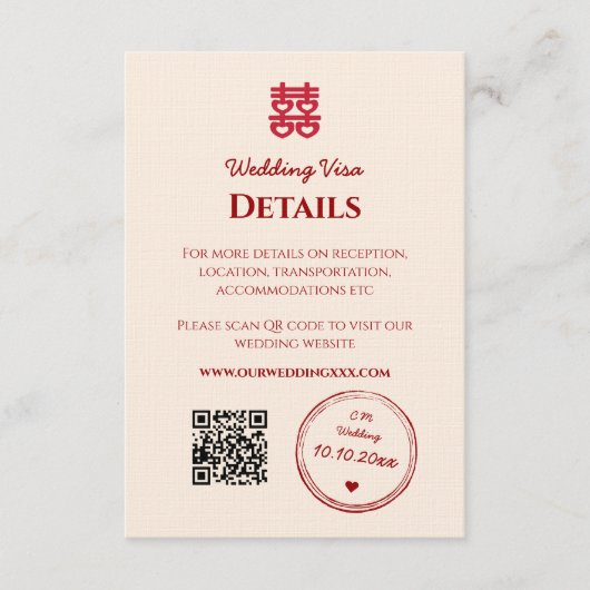 レッドピンク中国ののビザ結婚詳細 エンクロージャーカード (正面)