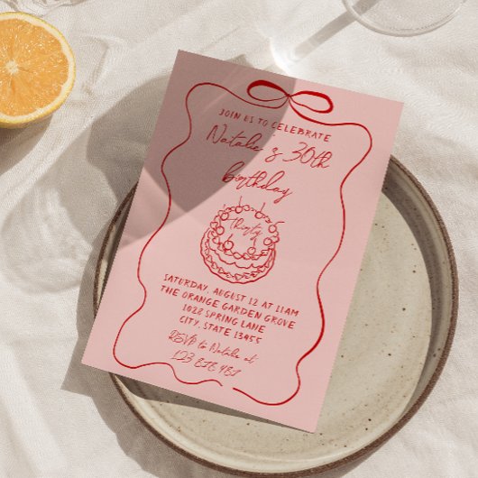 レッドピンク手描きケーキ予測できなユニーク誕生日 招待状