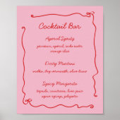 レッドピンク手書きブライダルシャワーカクテルバー ポスター (正面)