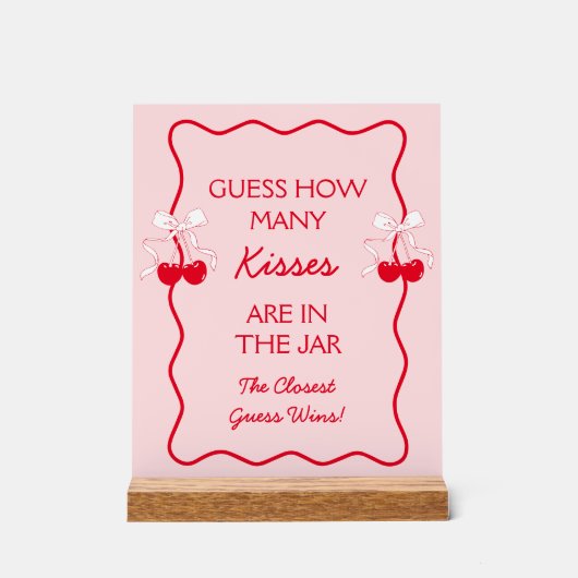 レッドピンク推測何人のキスブライダルシャワーゲーム アクリルサイン (正面)