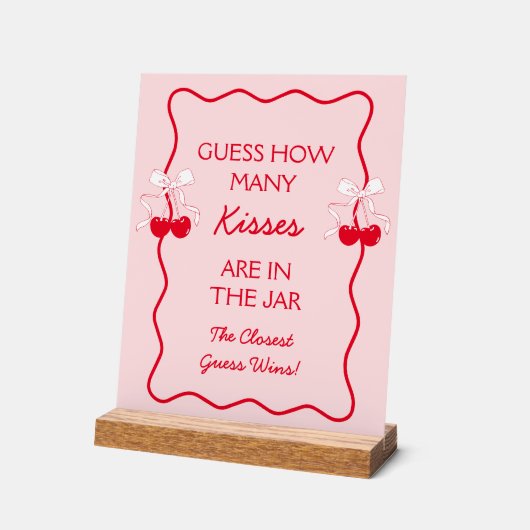 レッドピンク推測何人のキスブライダルシャワーゲーム アクリルサイン (傾斜)