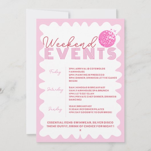 レッドピンク最後のディスコへパーティー週末の旅程 招待状 (裏面)