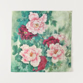 レッドピンク牡丹とグリーン葉 タペストリー (正面(横))