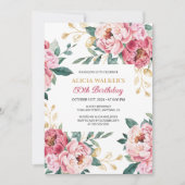 レッドピンク牡丹フローラ金ゴールドリーフグリーン誕生日 招待状 (正面)