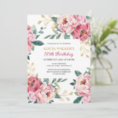 レッドピンク牡丹フローラ金ゴールドリーフグリーン誕生日 招待状 (スタンド正面)
