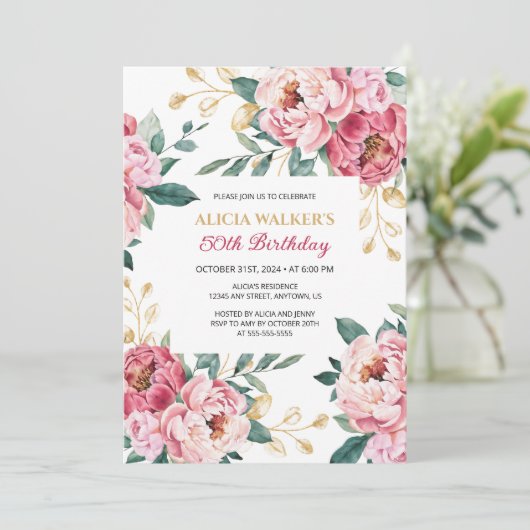 レッドピンク牡丹フローラ金ゴールドリーフグリーン誕生日 招待状 (スタンド正面)