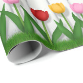 レッドピンク&イエローチューリップ白いピケットフェンスのタイル ラッピングペーパー (ロールコーナー)