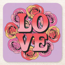 レッドピンクLOVEラベンダーコースターセット スクエアペーパーコースター