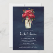 レッドピーニーフローラメイスンジャニーネイビーブルーブライダルシャワー 招待状 (正面)