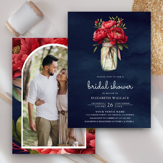 レッドピーニーフローラメイスンジャニーネイビーブルーブライダルシャワー 招待状