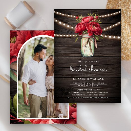 レッドピーニーフローラメイスンジャールバーンウッドブライダルシャワー 招待状